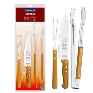 Jogo de Churrasco 3 Peças Com Lâminas Em Aço Inox e Cabo de Madeira Natural Tramontina em Oferta na Shopee