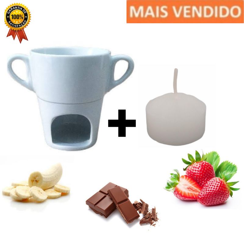 caneca aparelho fondue panelinha porcelana simples com vela sobremesa doce salgado chocolate carne queijo presente