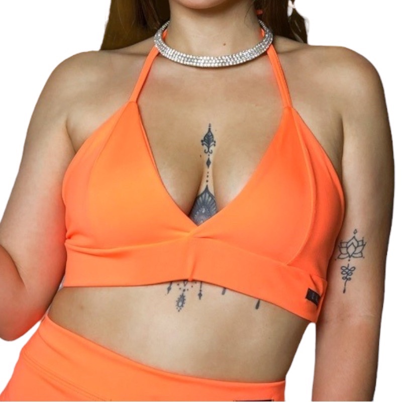 Top Alcinha Decote Cruzado Asa Delta Biquíni Amarração Laranja Neon Amarração Balada Feminino Básico Plus Size