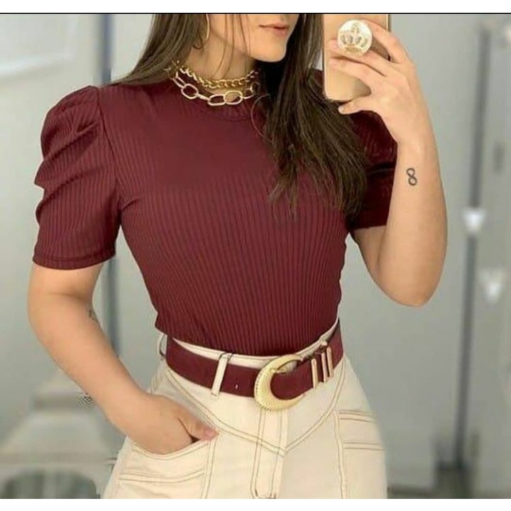 Blusa manga curta princesa bufante malha canelada tendência moda blogueira fashion