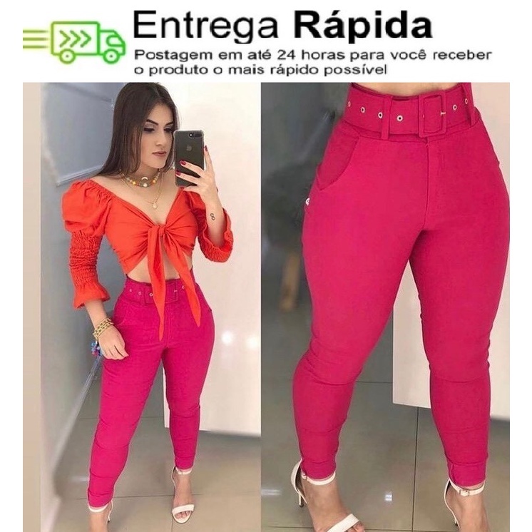 Calça Bengaline Skinny Cinto + Bolso Cintura Alta Luxuosa Promoção