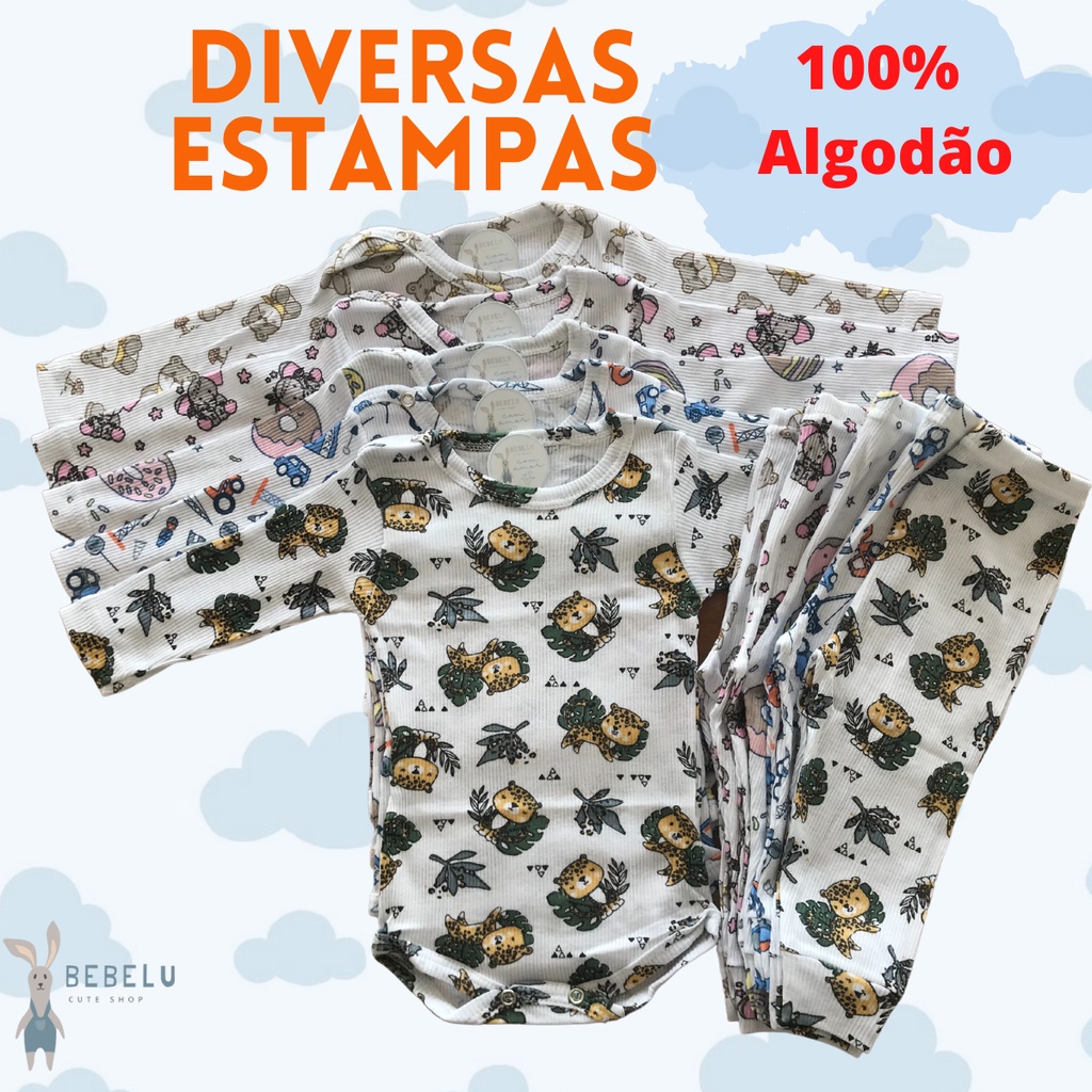 Body Bebe Manga Longa  + Calça Mijão Bebê Estampado  Conjunto 2 Peças 100% algodão infantil menino menina unissex ribana