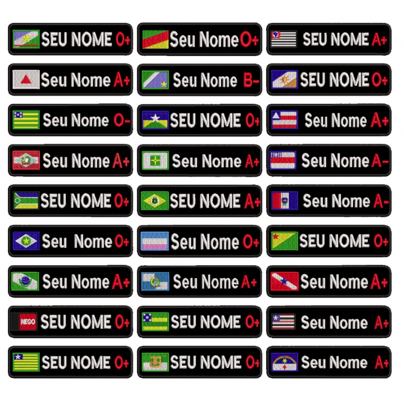 Patch Bordado Termocolante ou Fecho de Contato - Tarja Seu Estado + Seu Nome + Seu Tipo sanguíneo em Oferta na Shopee