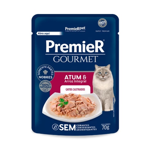 Ração Úmida Sachê Premier Gourmet Para Gatos Castrados sabor Atum e Arroz integral 70g