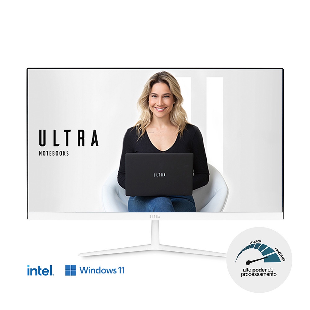 All in One Ultra, com Windows 11 Home, Intel Celeron 4GB 120GB SSD, Tela 23,8FHD + Microsoft 365 Personal + 1TB na Nuvem Branco - UB830