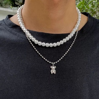 Colar de pérolas + Corrente Prata com pingente Urso Brilhante Hip Hop Premium colar tendência