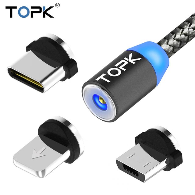Cabo Magnético TOPK AM23 2 Metros Micro USB Tipo-C Lightning Android e iPhone Revestido em Nylon Resistente Alta Qualidade
