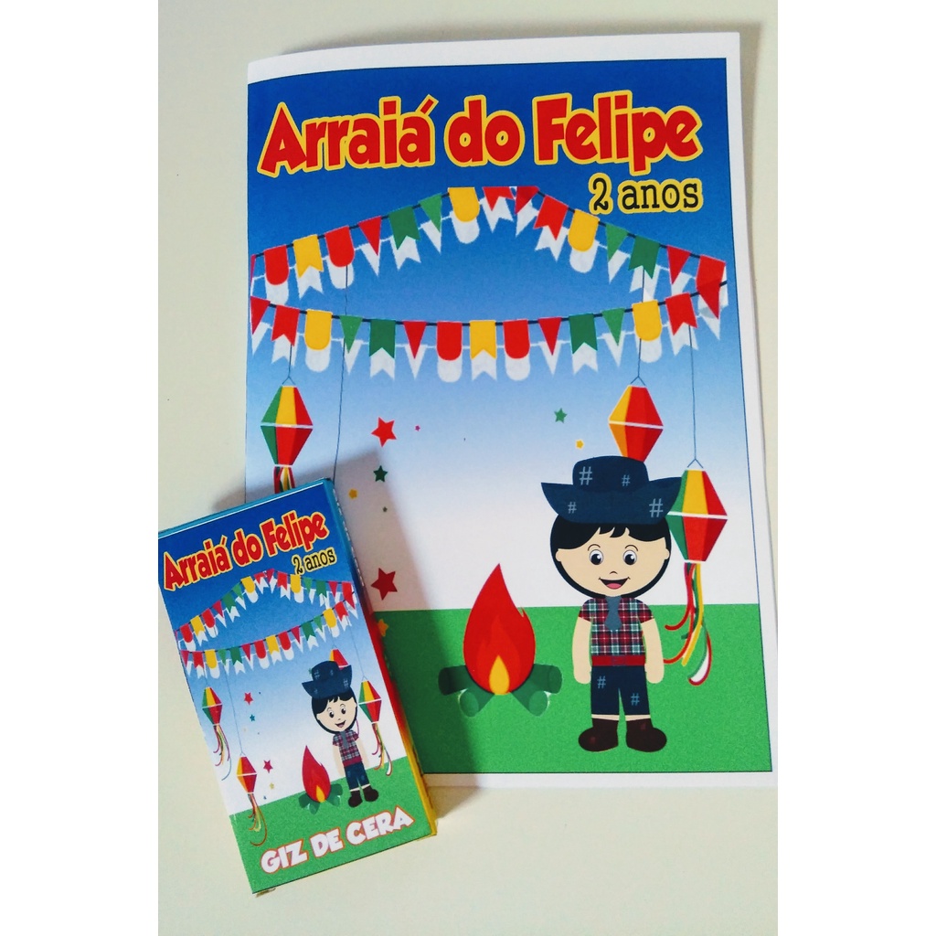 10 Mini Kits de colorir personalizado - Livro de colorir + giz de cera - FESTA JUNINA