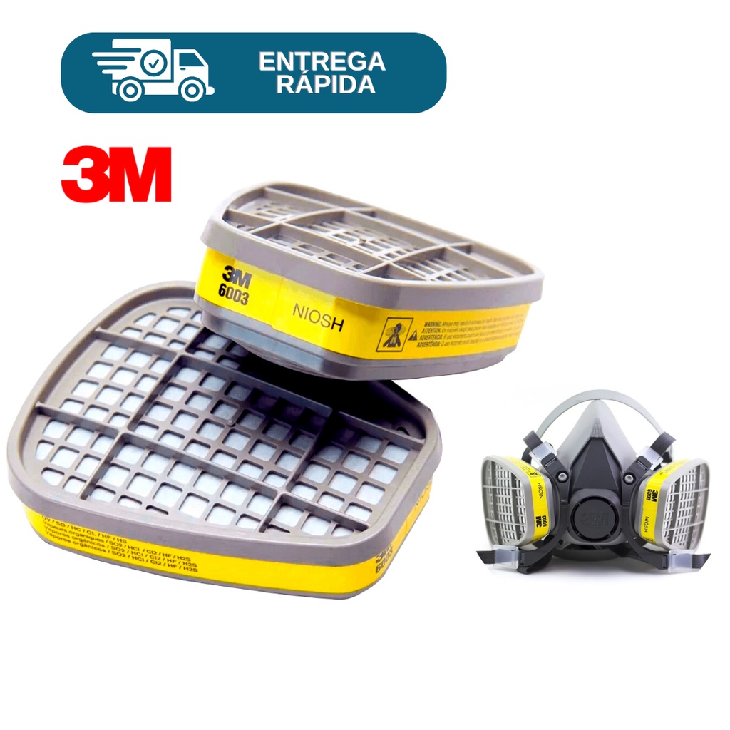 Kit 1 Par Filtro Cartucho Químico 6003 Respirador 3M VO/GA Vapores Orgânicos E Gases Ácidos