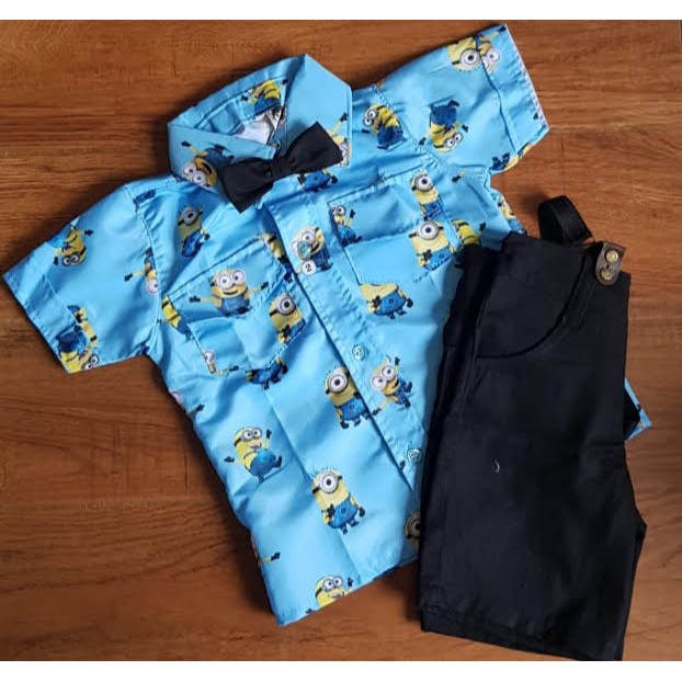 Conjunto Infantil Menino Masculino - Minions - Bermuda com Suspensório + Camisa Temática + Gravata