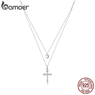 Bamoer Cruz Com Colar De Coração Para As Mulheres 925 Sterling Silver Limpar Cubic Zircon Cadeia Colar Moda Jóias Bsn197