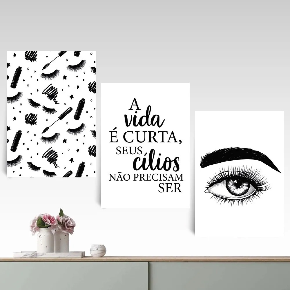Kit Quadros Decorativos Mosaico 3 Peças Trio Sobrancelha Estética Cílios Frase A Vida é Curta Olhos Maquiagem Mulher Moda Salão Cabelereiro