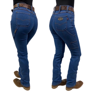 Calça Country Jeans Feminina Carpinteira Race Bull Delavê Cós Alto Tradicional Tecido Elástico Modeladora