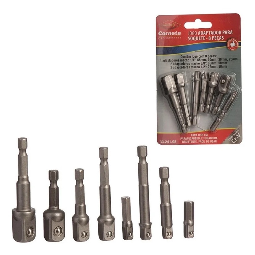 Kit 8 Adaptador Soquete Parafusadeira Furadeira 1/4 3/8 1/2 Corneta em Oferta na Shopee