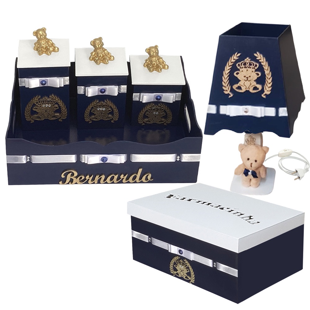 Kit Higiene Bebê Ramos Personalizado Menino Azul Conjunto com 6 peças em Madeira