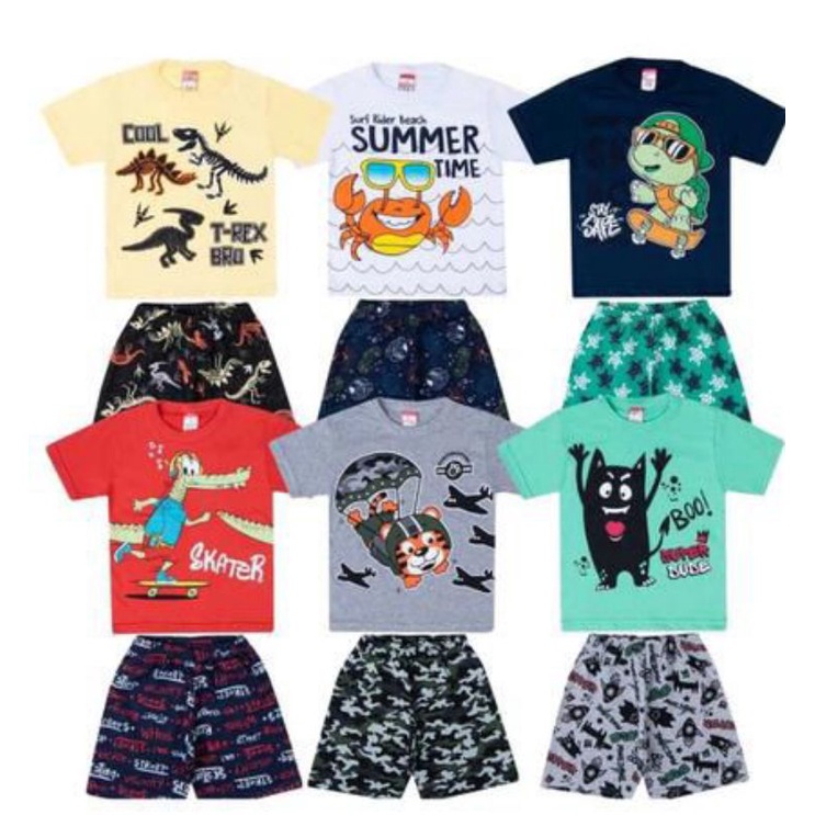 Kit 12 Peças / Roupa Infantil Menino, Roupa para Menino, Roupa para criança verão conjunto 6 camisas + 6 shorts