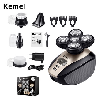Kemei 5 Em 1 4D Homens Recarregável Cabeça Careca 5 Flutuante Cabeças Barba Nariz Orelha Aparador De Cabelo Barbeador Elétrico Navalha Clipper Escova Facial