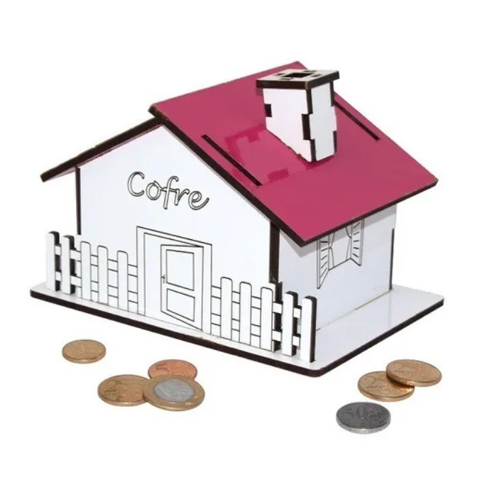 Cofre Porta Moedas Casinha Mdf Branco E Pink - Darama