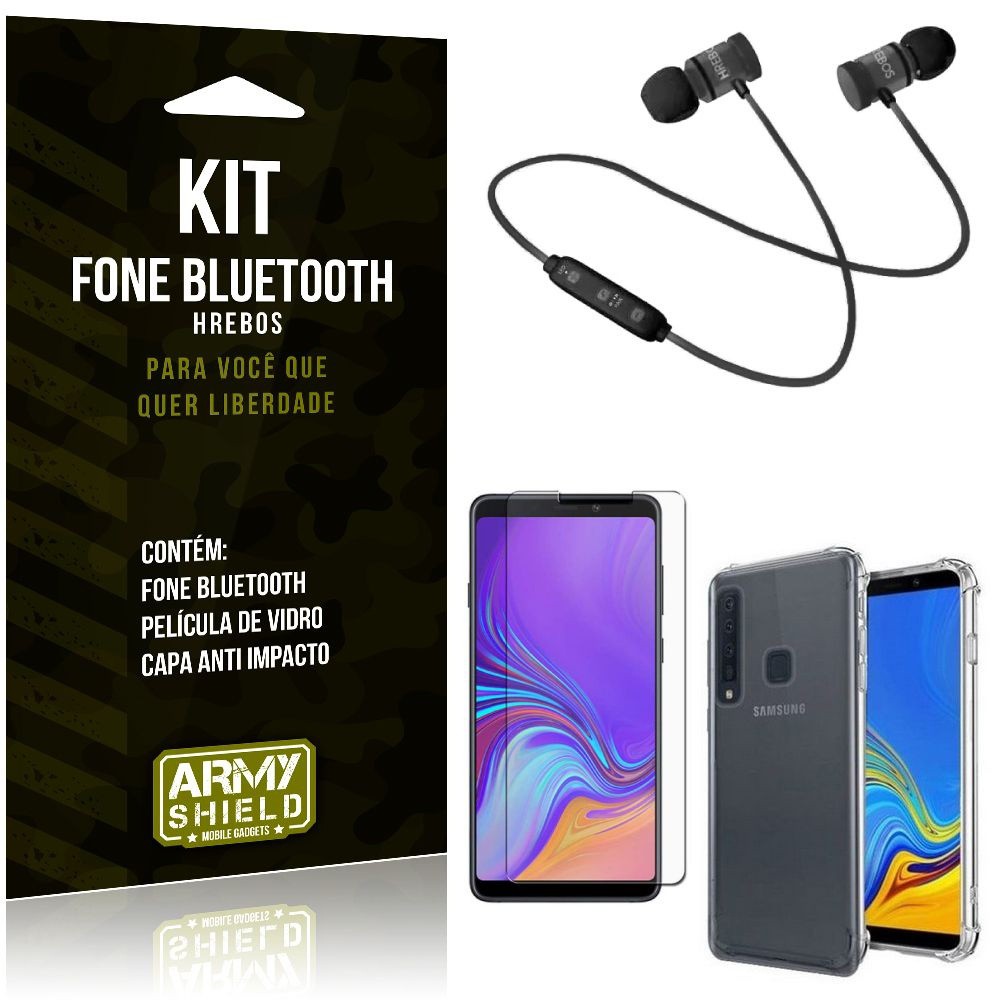Kit Fone Bluetooth Hrebos Galaxy A9 (2018) + Capa Anti + Película Vidro - Armyshield