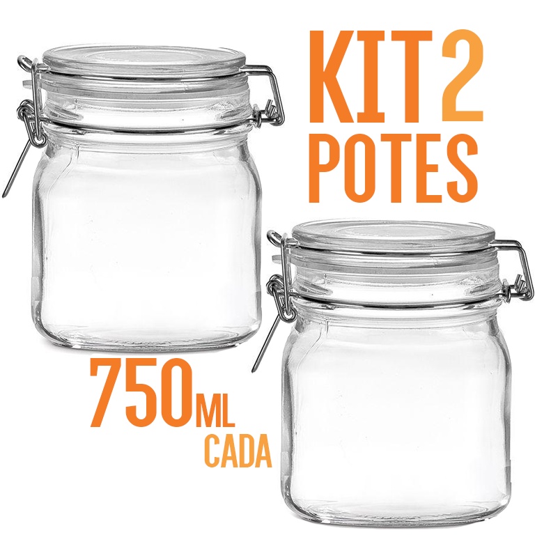 Kit 2 Pote Hermético de Vidro com Trava de Metal 750ml cada Promoção