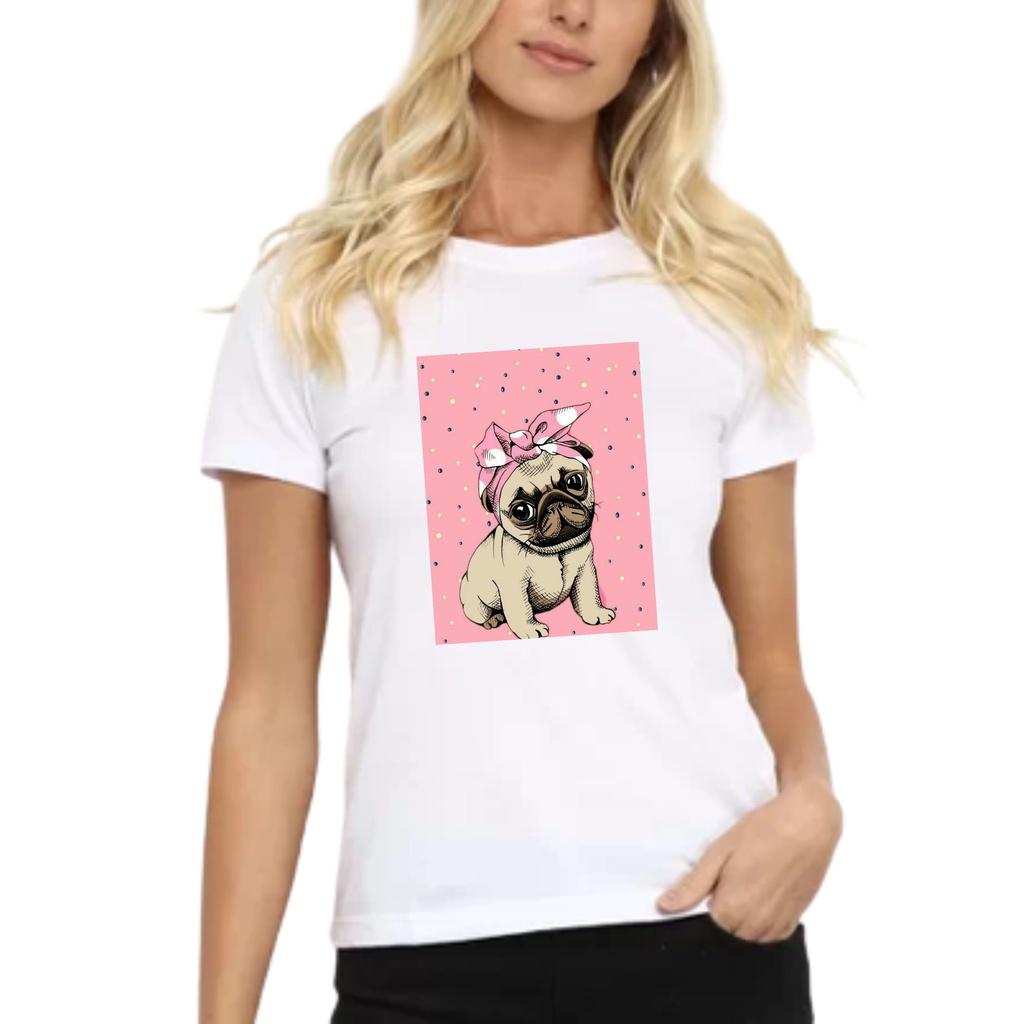 Camiseta Feminina Pug Laço Cachorro Pet Branca Original