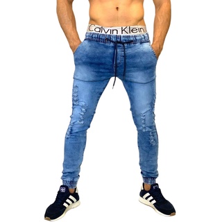 Calça Jogger masculina jeans Destroyed Rasgada Jns e Sarja