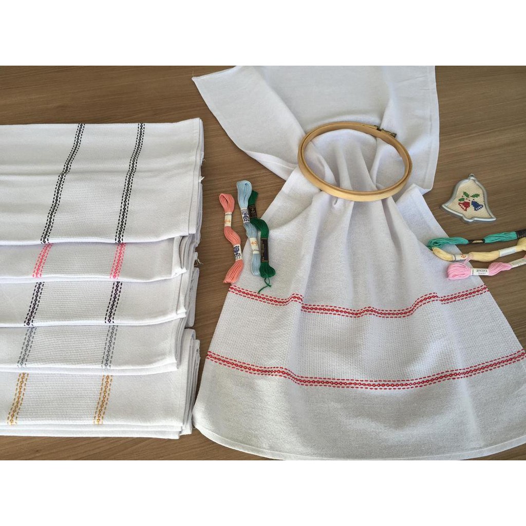 Kit Pano de Copa Louça Sacaria com Barra para Bordar Ponto Cruz Colorida Sortida