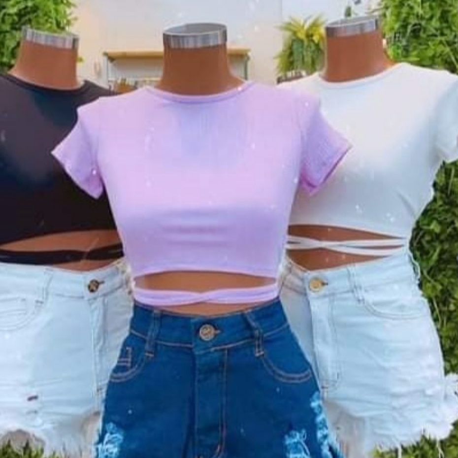 Cropped feminino  trançado na frente amarração atrás tecido canelado em Oferta na Shopee