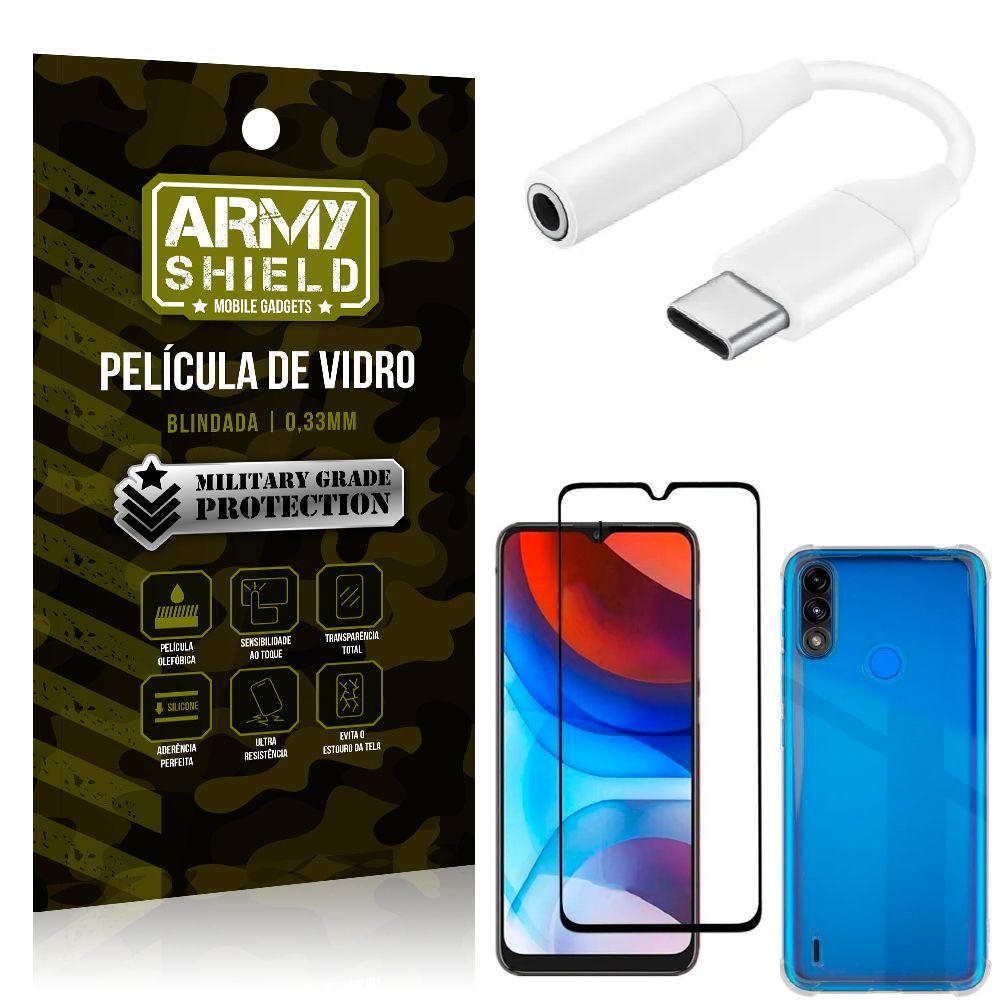 Adaptador Fone Tipo C para P2 Moto E7 Power + Capinha + Película 3D - Armyshield