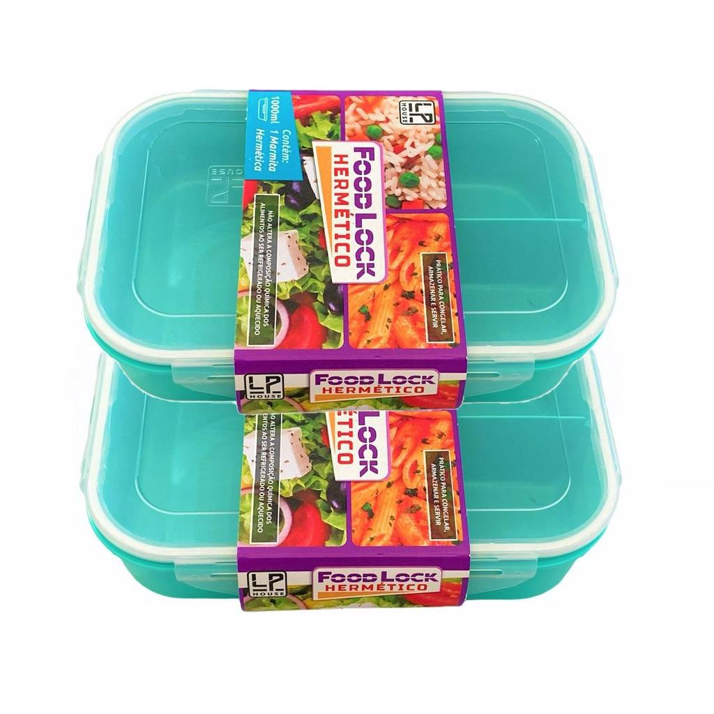 Kit 2 Marmitas 1L Plastica Hermetica Com Trava E Divisoria