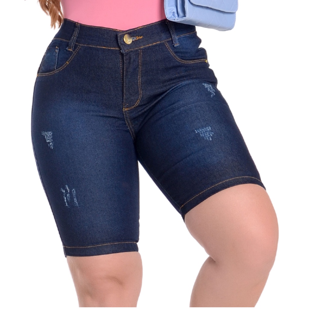 Bermudas Jeans Femininas Plus Size Cintura Alta Vai até o Umbigo