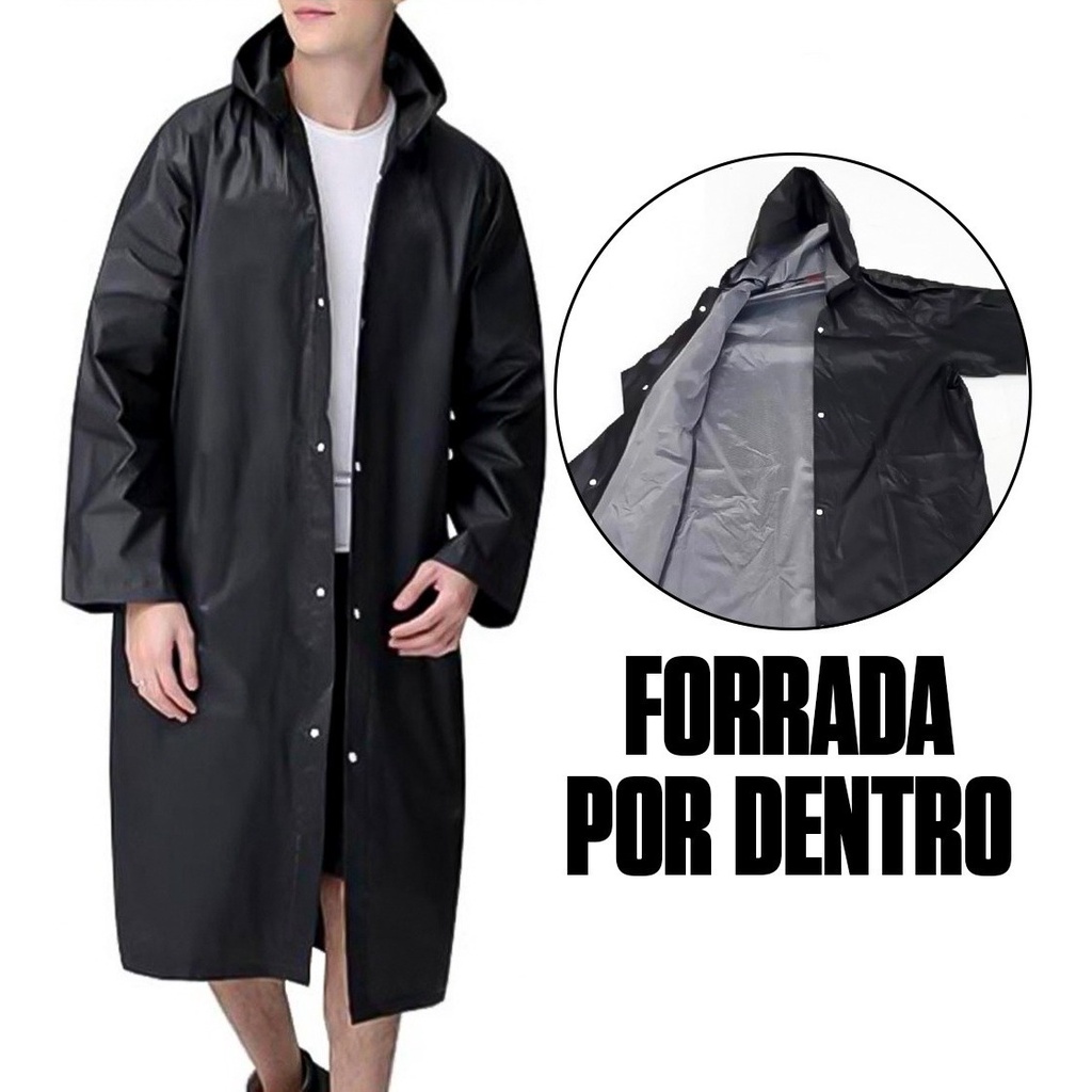 Capa De Chuva Forrada Com Capuz Preta Resistente