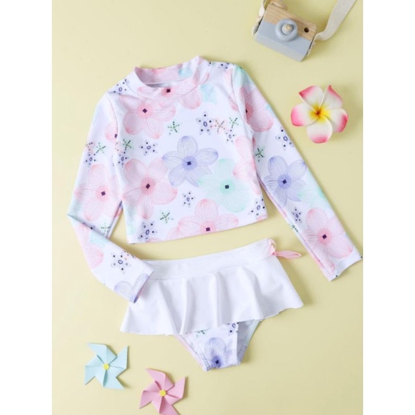 Maiô infantil biquíni manga longa floral branco dino laranja menina praia piscina verão