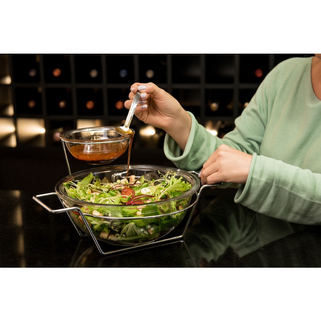 Saladeira Com Molheira De Vidro Colher Com Suporte Aço Inox