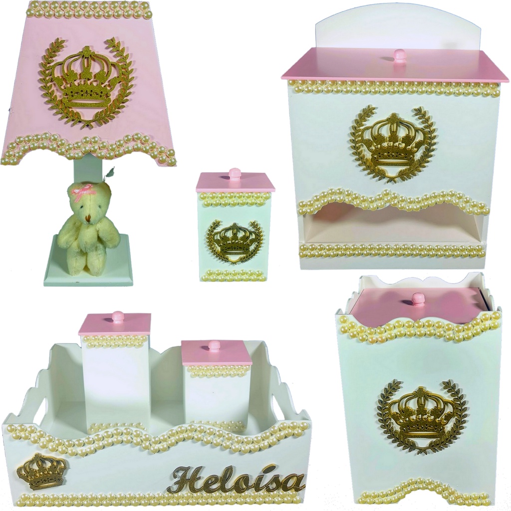 Kit Higiene bebê Mdf decorado com nome Princesa Principe realeza coroa dourada e pérolas