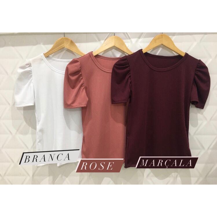 Blusa feminina manga bufante princesa curta malha canelada com elastano moda blogueira