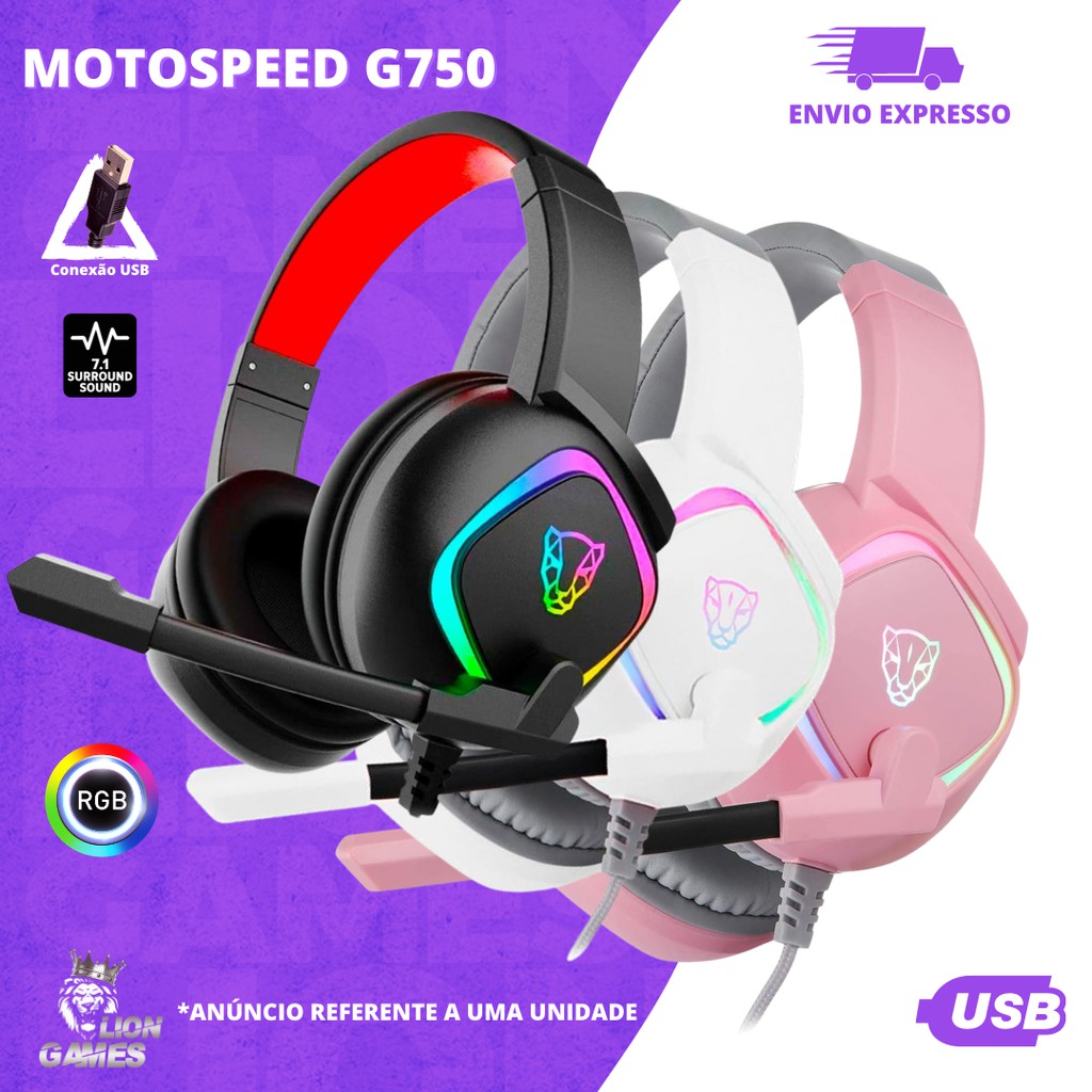 Headset Gamer Motospeed G750, RGB LED, USB 7.1 Virtual, Rosa, Branco e Preto