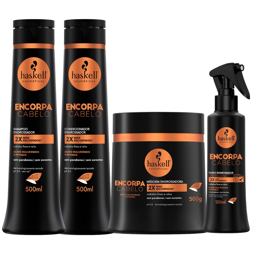 Kit Encorpa Cabelo Haskell Shampoo Condicionador e Máscara 500g + Fluido Encorpador 120ml