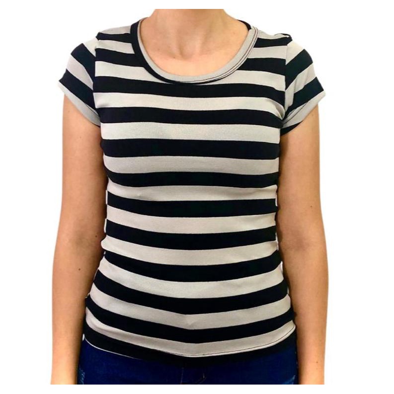 Blusa feminina baby look LISTRADA (preto com branco) 96% algodão 4% lycra.