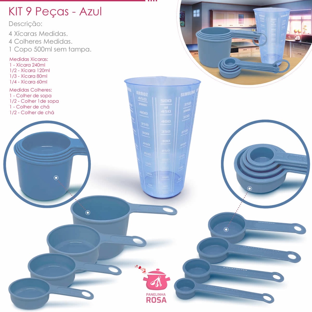 kit medidores 9 peças copo de 500 ml xicara e colheres azul casa cozinha decoração e confeitaria lar