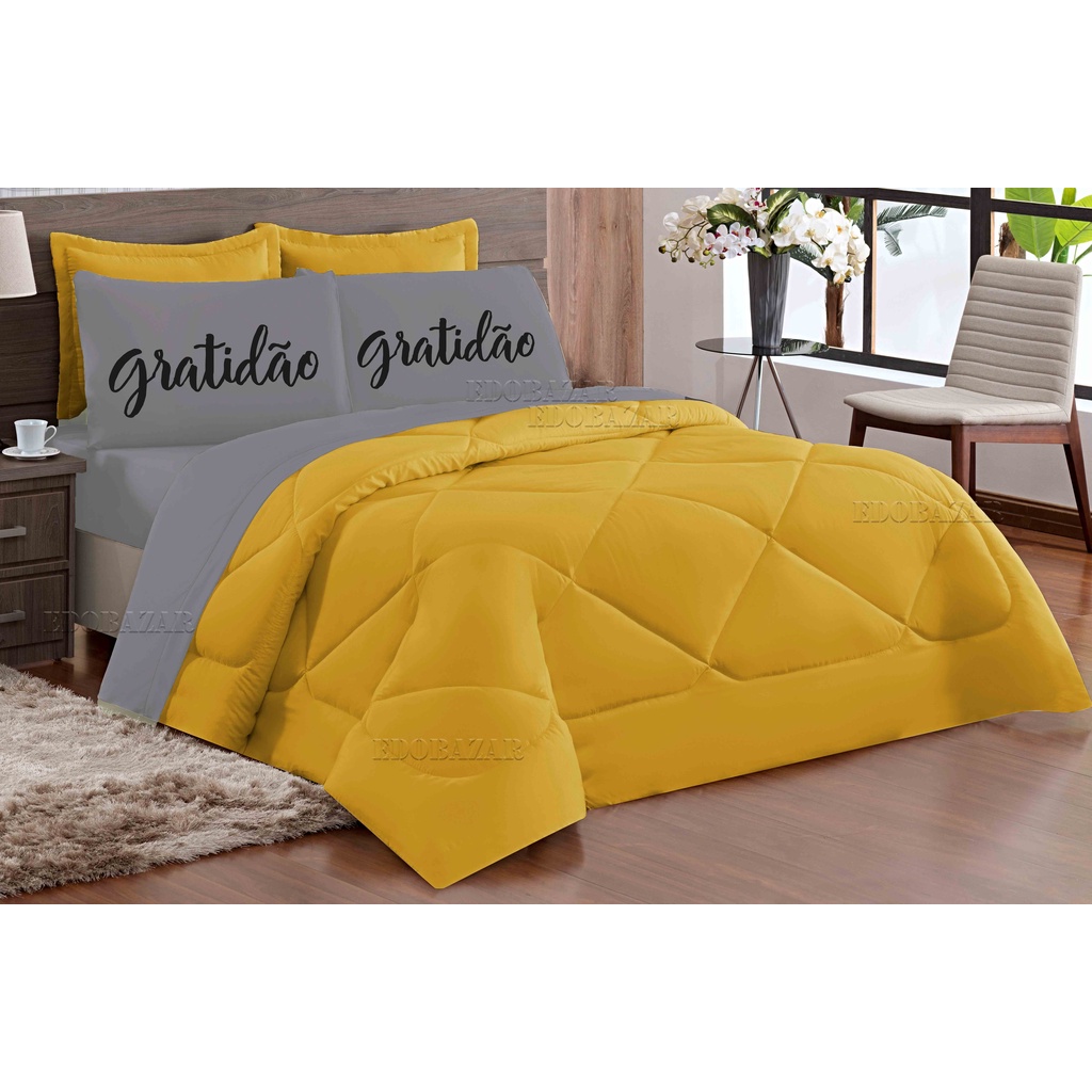 kit Edredom Casal Queen Gratidão Dupla face Amarelo Cinza com 5 peças