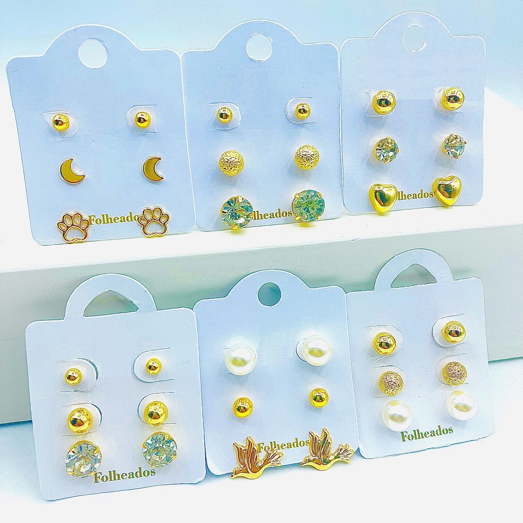 Kit 15 Pares Brincos Folheados Feminino Anti Alérgico Bijuteria Brincos Foleados Feminina Revenda