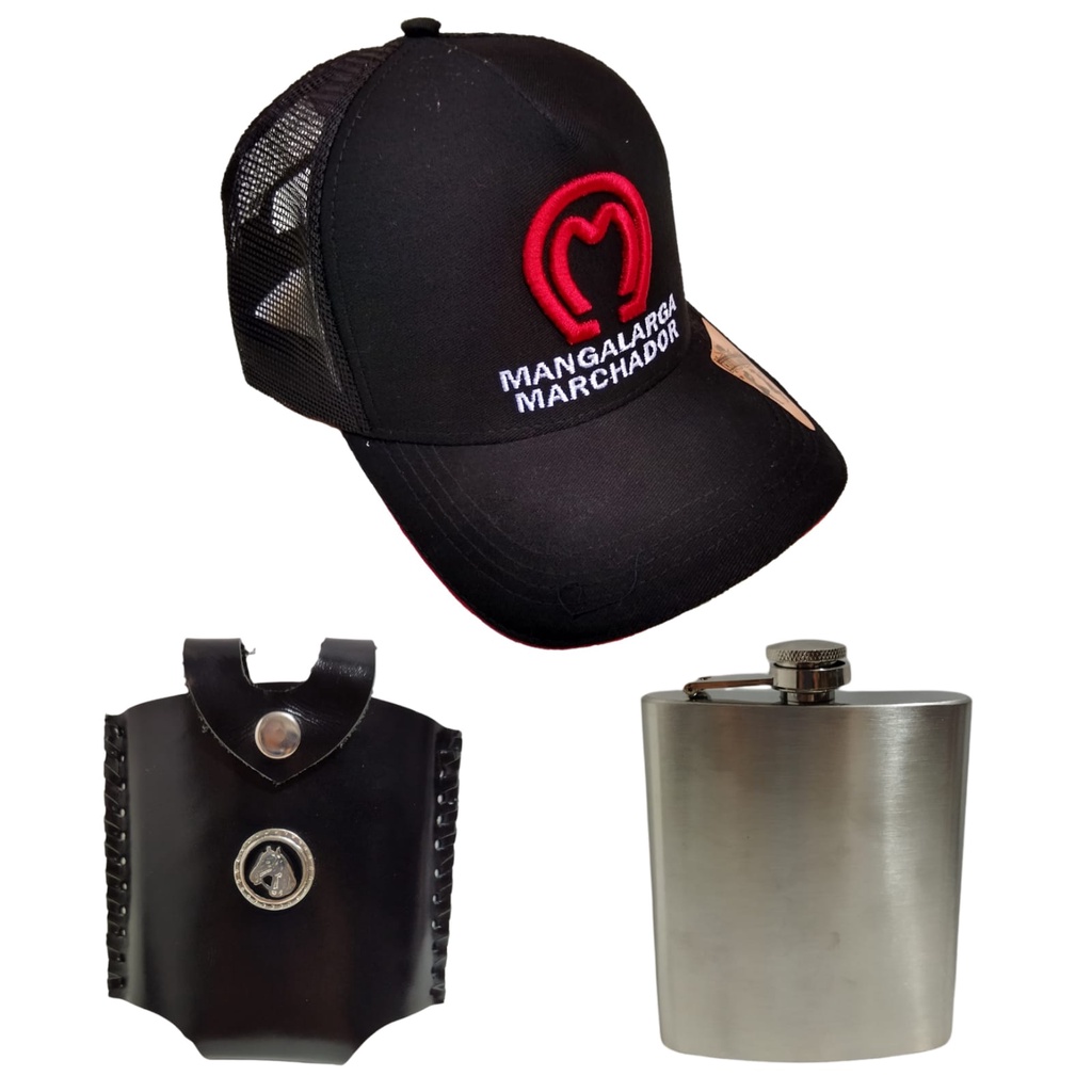 Cantil de Inox Para Wiky Com Capa de Couro + Boné Country Rodeio Femino Masculino
