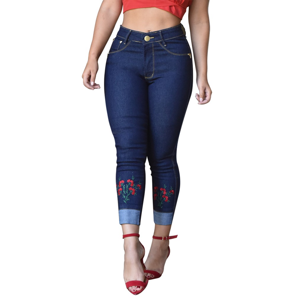 Calça Dins Barata Modeladora Capri Lycra Bordada Corsário Top Moda Feminina