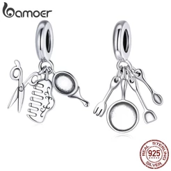 Bamoer 925 Prata Charme Pente Espelho Beleza Utensílios De Cozinha Conjunto De Garfo Pingente Para Pulseira DIY SCC1887