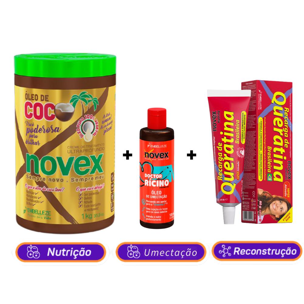 Cronograma Capilar Novex Creme de Tratamento Óleo de Coco Nutrição 1kg + Óleo de Rícino Umectação 100ml + Recarga de Queratina Reconstrução 80g