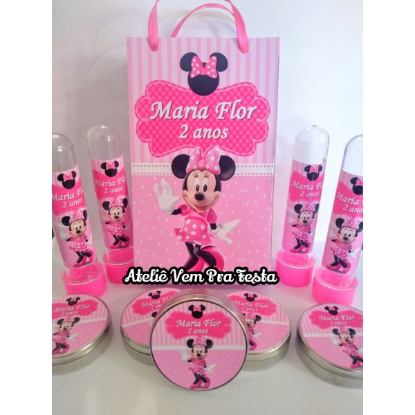 Kit Festa 60 pcs Minnie Rosa Lembrancinhas Personalizadas (10 sacolinhas, 10 tubetes, 10 latinhas, 15 Toppers para docinhos e 15 Forminhas)