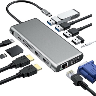 12 Em 1 USB Tipo C Hub Para 2 HDMI 4K VGA Adaptador RJ45 Lan Ethernet SD TF PD-3.0 3.5mm Áudio/Mic MacBook Pro OTG