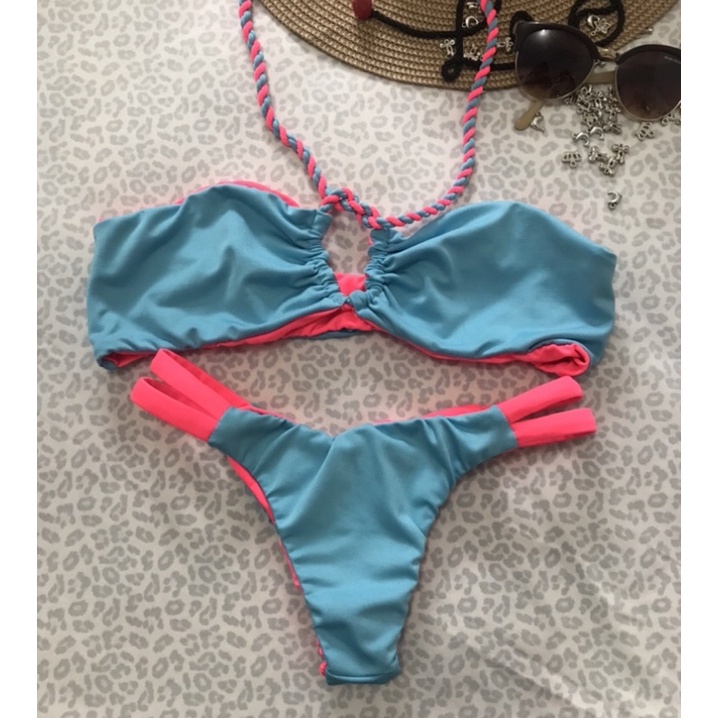 Biquíni Jade com calcinha Marina - TODO DUPLA FACE - azul bebê com rosa - empina bumbum - top