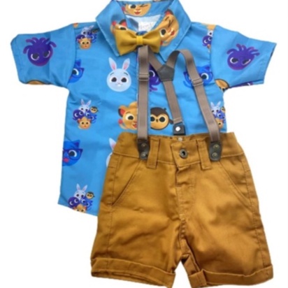Kit Roupa Conjunto Infantil Menino BOLOFOFOS 4 Peças Camisa Gravata Bermuda e Suspensório Aniversário Mesversário